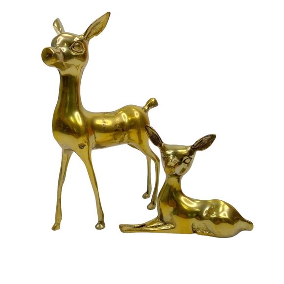 Vtg Brass Deer Figurine Mommy Baby Hollywood Regency Mid Century Holiday Decor